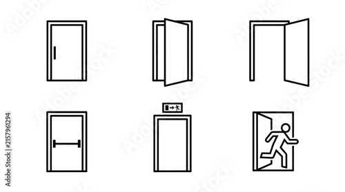 Door and Exit Sign Line Icons Set