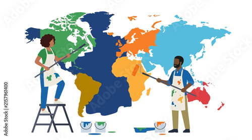 Diverse Team Collaborating Together to Paint a Colorful Global Map Illustration