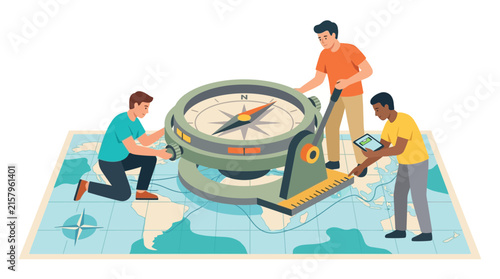 Professional Team Using Large Tools To Navigate Global Map Data Concepts