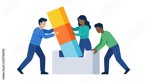 Diverse Team Collaborating to Build and Assemble Colorful Block Structure