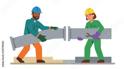 Diverse Construction Workers Installing Industrial Piping Infrastructure