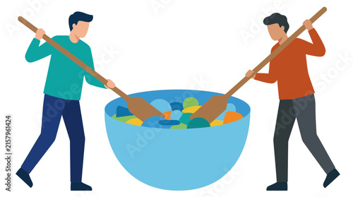 Two People Collaborating to Toss a Colorful Healthy Salad in a Large Bowl