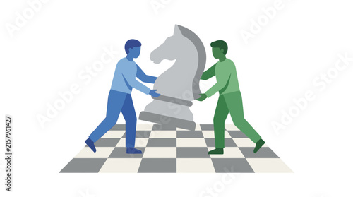 Two Business People Collaborating to Place a Large Chess Knight Piece