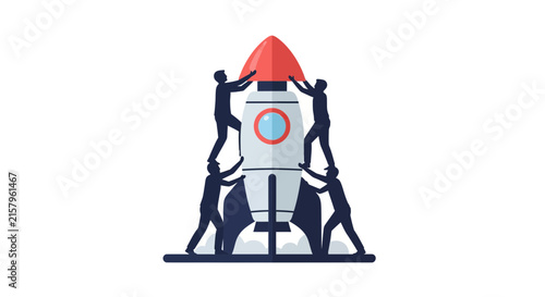 Four Team Members Collaborating Together to Launch a New Business Rocket