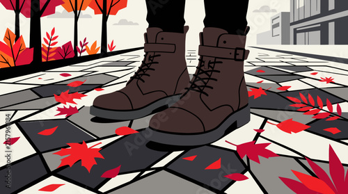 Autumn walk with brown boots on fallen leaves and city buildings background Autumn fall atmosphere. autumn vibe.