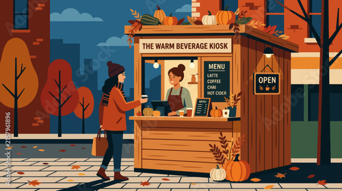 Cozy Autumn Scene Woman Buys Hot Drink from Kiosk Amidst Fall Foliage and Pumpkins Autumn fall atmosphere. autumn vibe.