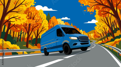 Blue van driving on a winding road through a vibrant autumn forest with golden foliage Autumn fall atmosphere. autumn vibe.