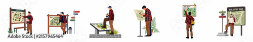 Set of vector illustrations featuring a male hiker studying trail maps and informational boards in various outdoor scenarios, isolated on a white background.