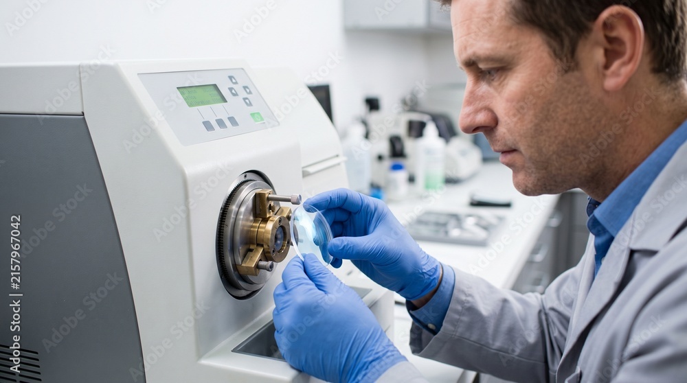 Obraz premium Technician calibrates a prescription lens edging station