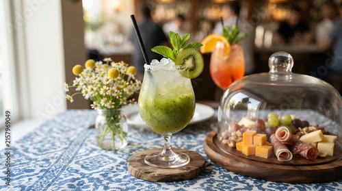 Refreshing Kiwi Cocktail and Gourmet Platter on a Restaurant Table for Social Dining