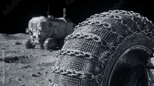 Lunar exploration vehicle wheel on a desolate space landscape, with another rover in the background.