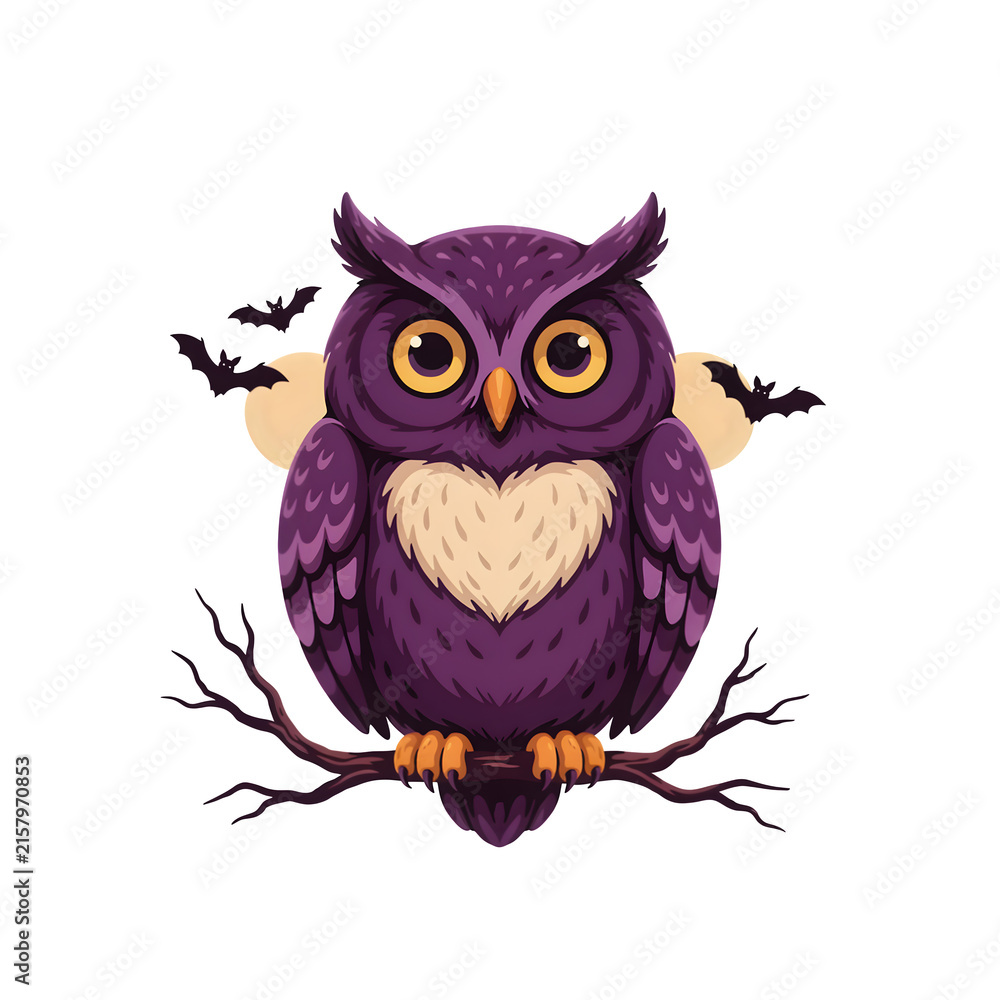 Obraz premium Cute purple owl with heart chest perched on branch during twilight with bats flying isolated on transparent background