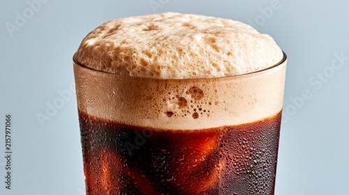 Cold cola with ice cubes and thick frothy foam in a chilled glass covered with condensation against a light background