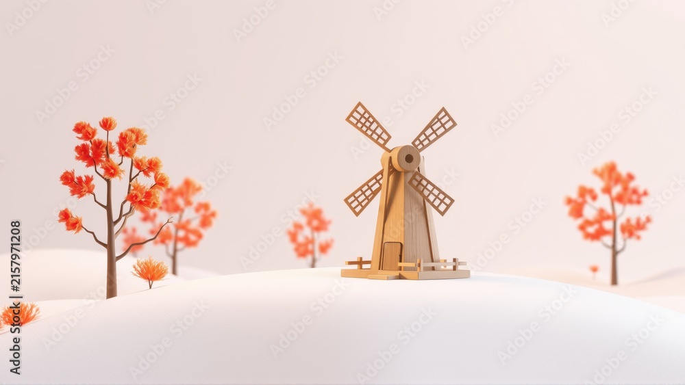 Obraz premium Minimalist scene. Wooden windmill stands on snowy hill. Orange trees dot landscape. Soft lighting creates calm atmosphere.