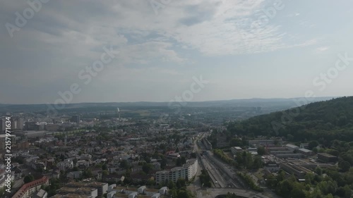 Aerial view of Swiss city of Zürich on a summer morning. Video shot August 15th, 2026, Zurich, Switzerland.