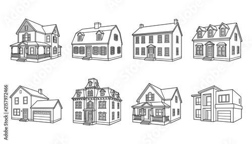 Architectural residential house styles vector collection featuring vintage colonial Victorian suburban cottage and modern villa designs