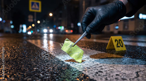 Forensic investigator collecting fabric evidence from a nighttime traffic accident scene on a wet urban road