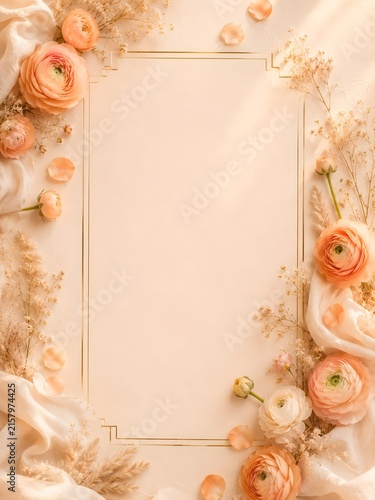 Vertical Mother's Day Card Template with Gold Frame and Peach Ranunculus Background