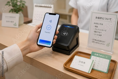 クリニック受付でスマホ決済するキャッシュレス会計素材