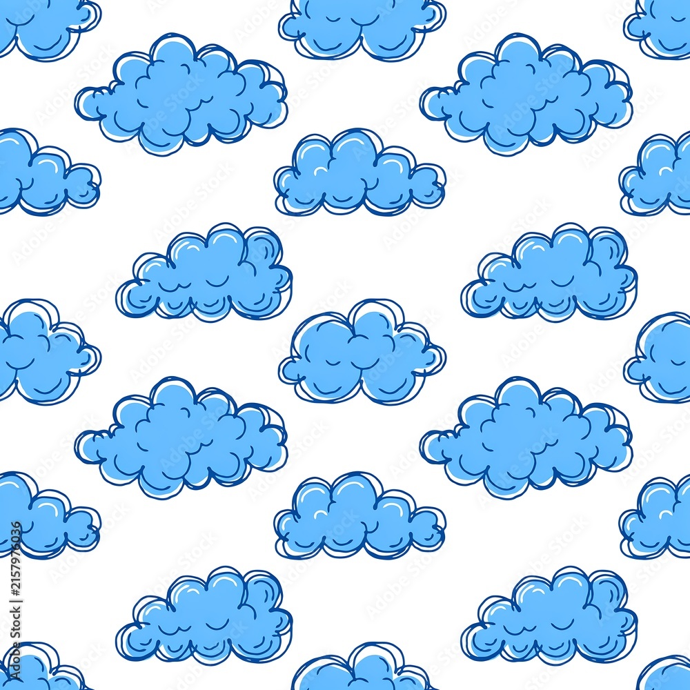 Obraz premium Repeating seamless pattern of fluffy blue clouds on a white background