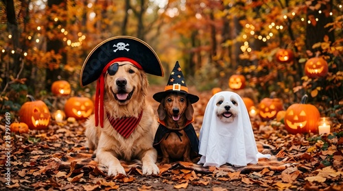 Adorable dogs celebrate the spooky season with festive halloween costumes and pumpkins