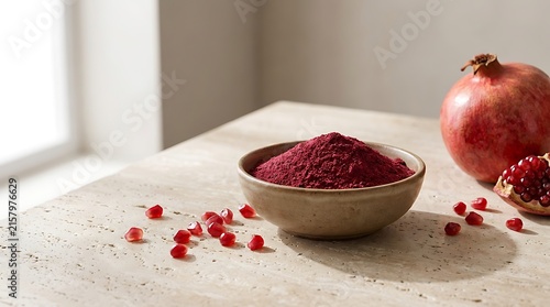 Bowl of pomegranate powder with fresh fruit seeds. Pomegranate powder