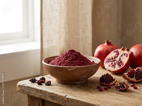 Bowl of pomegranate seeds on a wooden table. Pomegranate powder