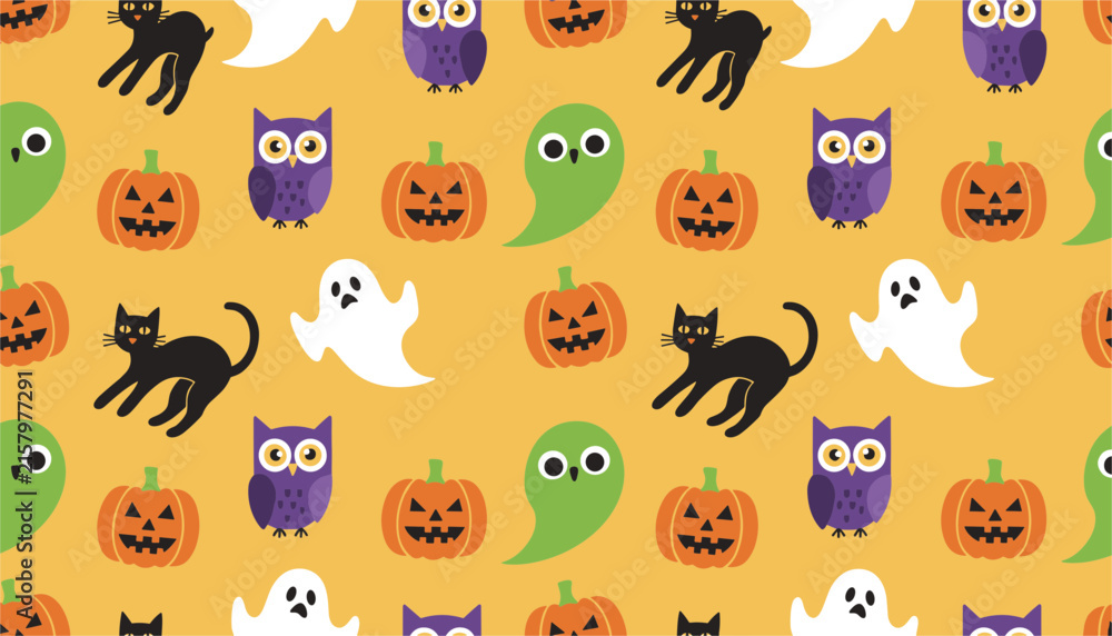 Fototapeta premium Spooky halloween seamless pattern includes black cats, purple owls, white and green ghosts, and orange jack-o-lantern pumpkins.