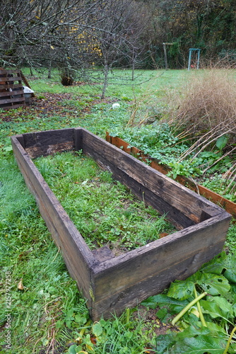 Raised wooden garden bed structure in backyard environment