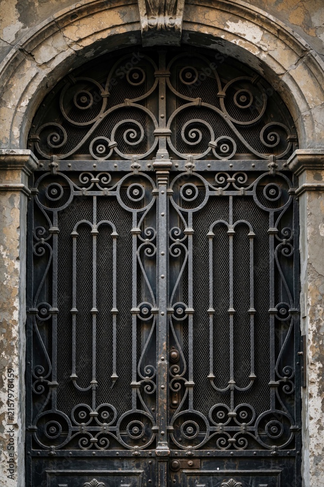 Obraz premium Ornate metal door with arched stone frame. Intricate scrollwork and vertical bars form this antique entrance. The aged facade suggests history and mystery for your design.
