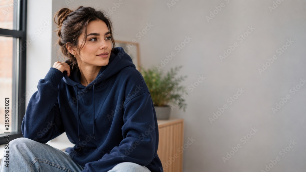 Obraz premium Young Woman Wearing Navy Blue Hoodie Relaxing Indoors by Window with Cozy Lifestyle Mood and Copy Space