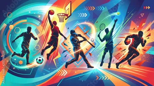 Colorful Dynamic Multi Sport Illustration with Athletes Competing in Basketball Football Baseball Tennis and Running