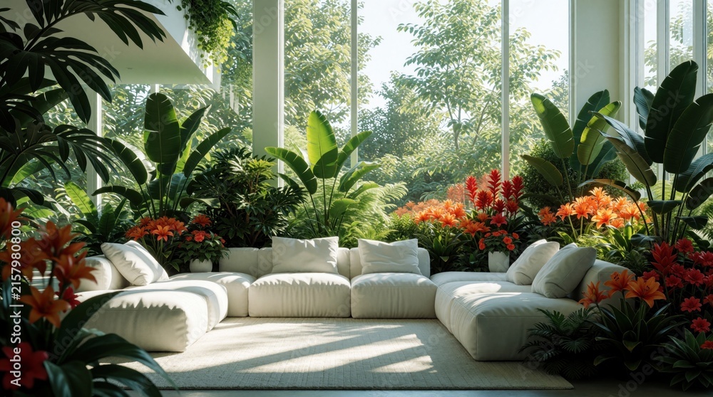 Fototapeta premium Modern minimalist living room features plush white sectional sofa surrounded by rich tropical plants, vibrant orange, red flowers. Large windows offer serene garden views. Bright natural sunlight