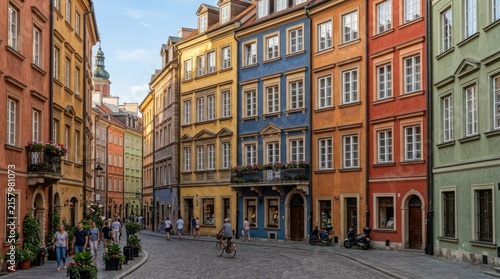 Colorful historic buildings on a cobblestone European street.