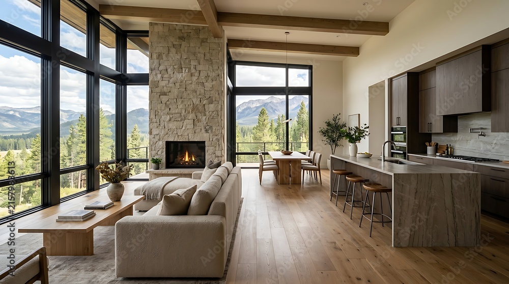 Fototapeta premium A mountain home living room with a stone fireplace, beige sofa, wooden beams, and an open kitchen with a large island