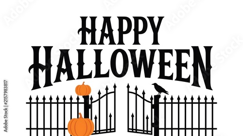 Festive happy halloween lettering with a spooky gate pumpkins and a raven illustration