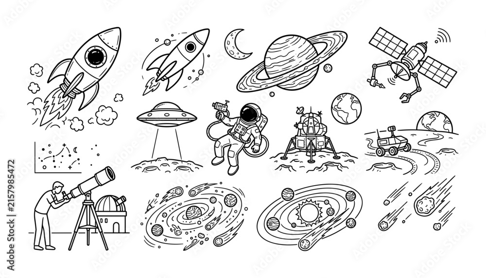 Obraz premium Hand drawn space exploration collection featuring rockets, astronaut, satellite, rover, planets and astronomy equipment