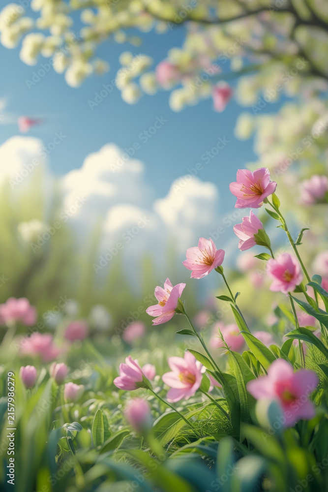 Obraz premium Poster spring wallpaper copy space for text on blur bloom blossom tree pink flowers AI Generative