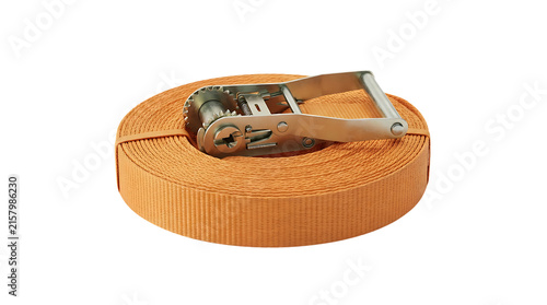 Orange heavy duty ratchet tie down strap coiled for securing cargo during transport and travel isolated on transparent background