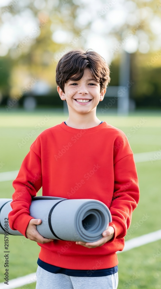 Fototapeta premium Smiling young boy holding a rolled exercise mat, ready for sport and fitness activity on a green field