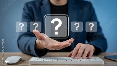 Businessman presenting a prominent question mark, symbolizing challenges, seeking solutions, and the complexities of decision-making in a digital age