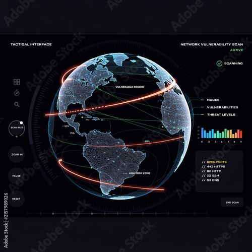 A futuristic tactical interface displaying network vulnerability scans running across an interactive 3D globe.  