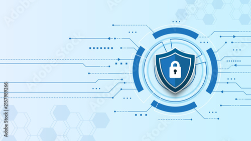 Cybersecurity technology background with blue shield, padlock, digital network, circuit lines, and futuristic interface representing data protection, privacy, encryption, and online security