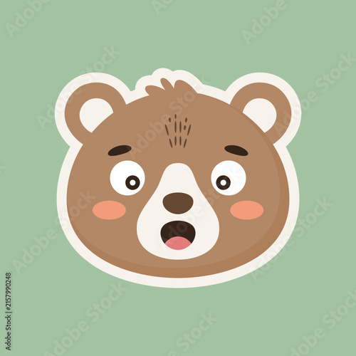 Cute curious brown bear face cartoon sticker on green background