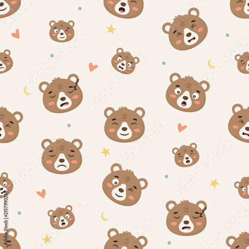 Seamless pattern with cute brown bear emojis, stars and moons