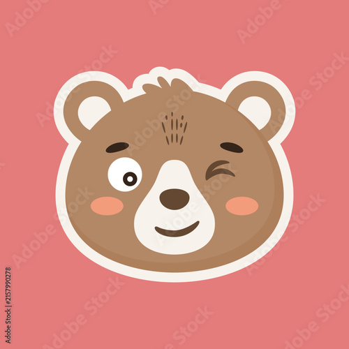 Cute winking brown bear face cartoon sticker on pink background