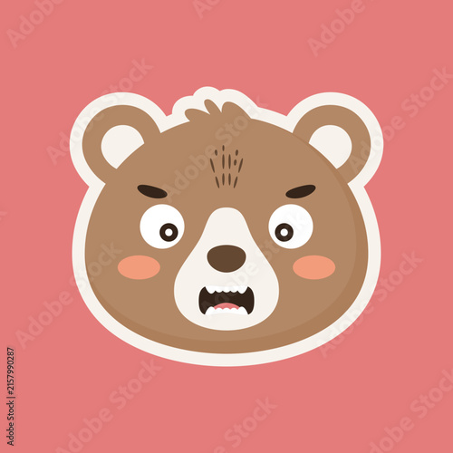 Cute angry brown bear face cartoon sticker showing teeth