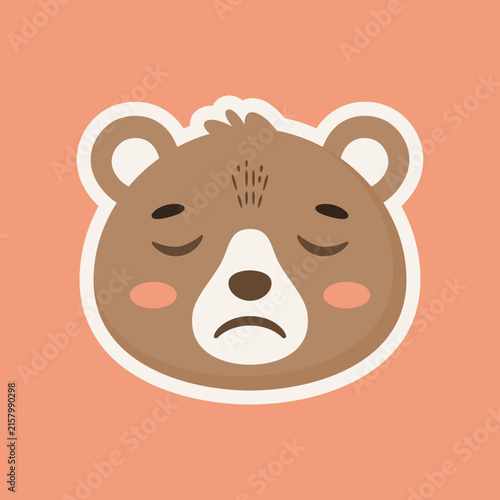 Bild auf Leinwand Cute sad brown bear face cartoon sticker with closed eyes