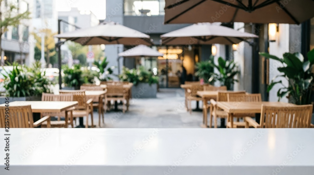 Obraz premium Outdoor Cafe Terrace with Wooden Tables and Umbrellas for Web Design