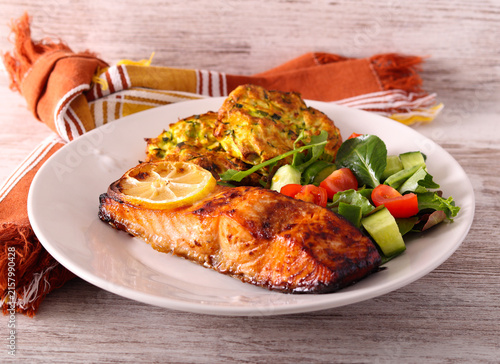 Air fried salmon, with salad
